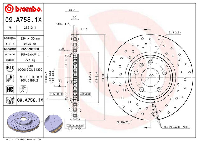 Product of Brembo 09A7581XC02 Xtra Vented Cross Drilled 1 Piece Brake Rotor 