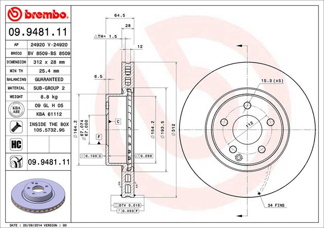 Product of Brembo 09948111C02 Vented 1 Piece Brake Rotor 
