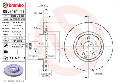 Product of Brembo 09948111C02 Vented 1 Piece Brake Rotor 