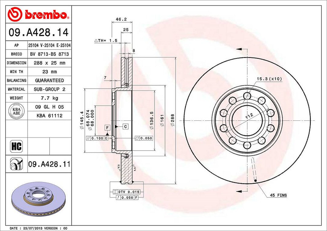 Product of Brembo 09A42811C02 Vented 1 Piece Brake Rotor 