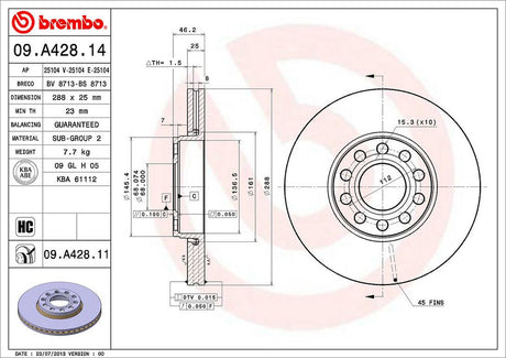 Product of Brembo 09A42811C02 Vented 1 Piece Brake Rotor 