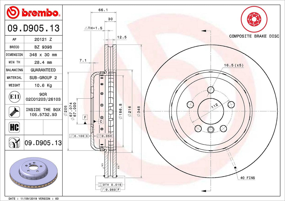 Product of Brembo 09D90513C02 Vented 1 Piece Brake Rotor 