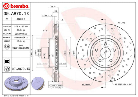 Product of Brembo 09A8701XC02 Xtra Vented Cross Drilled 1 Piece Brake Rotor 