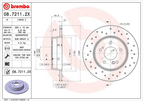Product of Brembo 0872112XC02 Xtra Solid Cross Drilled 1 Piece Brake Rotor 