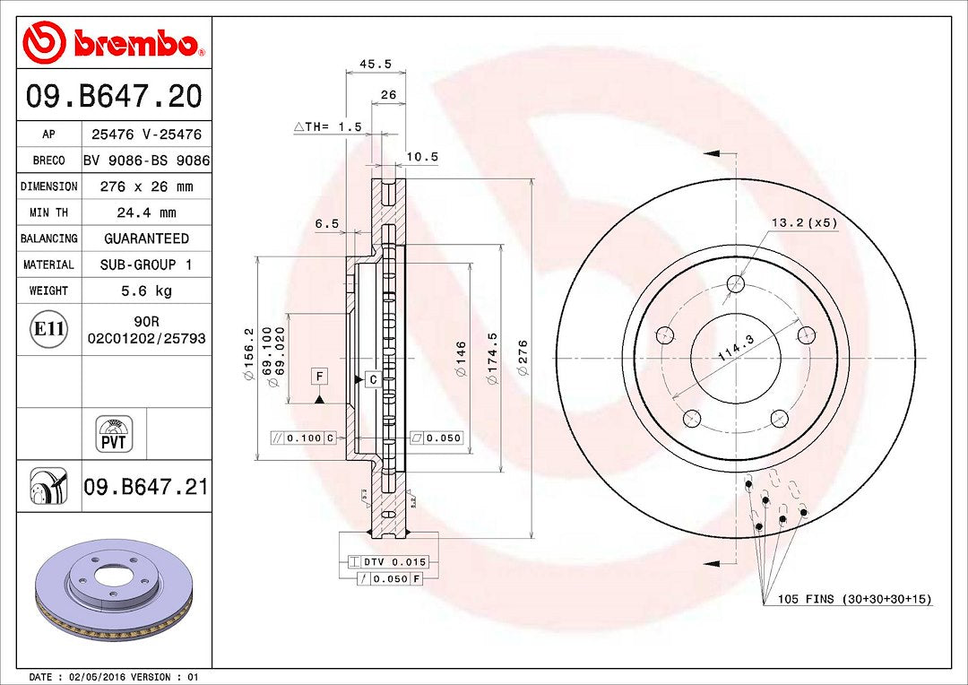 Product of Brembo 09B64721C02 Vented 1 Piece Brake Rotor 