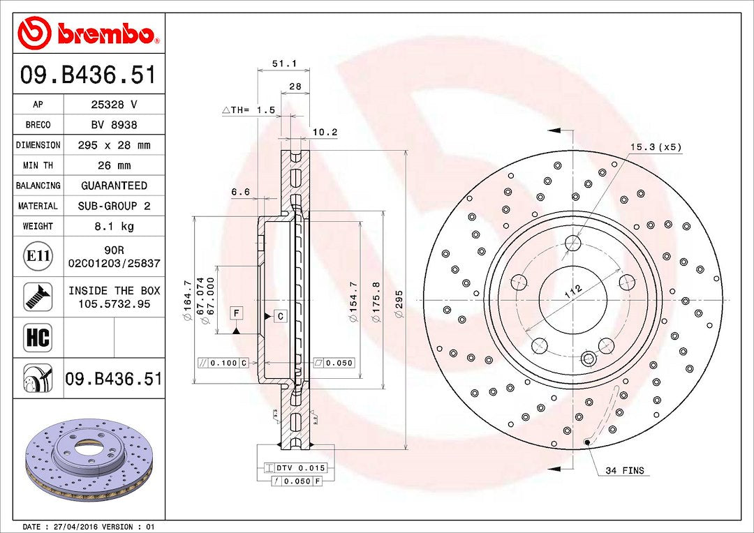 Product of Brembo 09B43651C02 Vented Cross Drilled 1 Piece Brake Rotor 