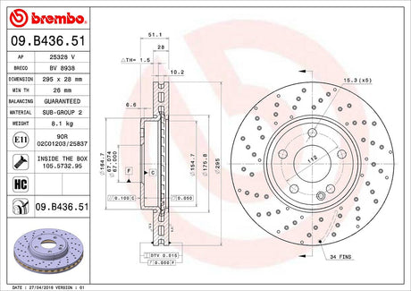Product of Brembo 09B43651C02 Vented Cross Drilled 1 Piece Brake Rotor 