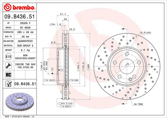 Product of Brembo 09B43651C02 Vented Cross Drilled 1 Piece Brake Rotor 