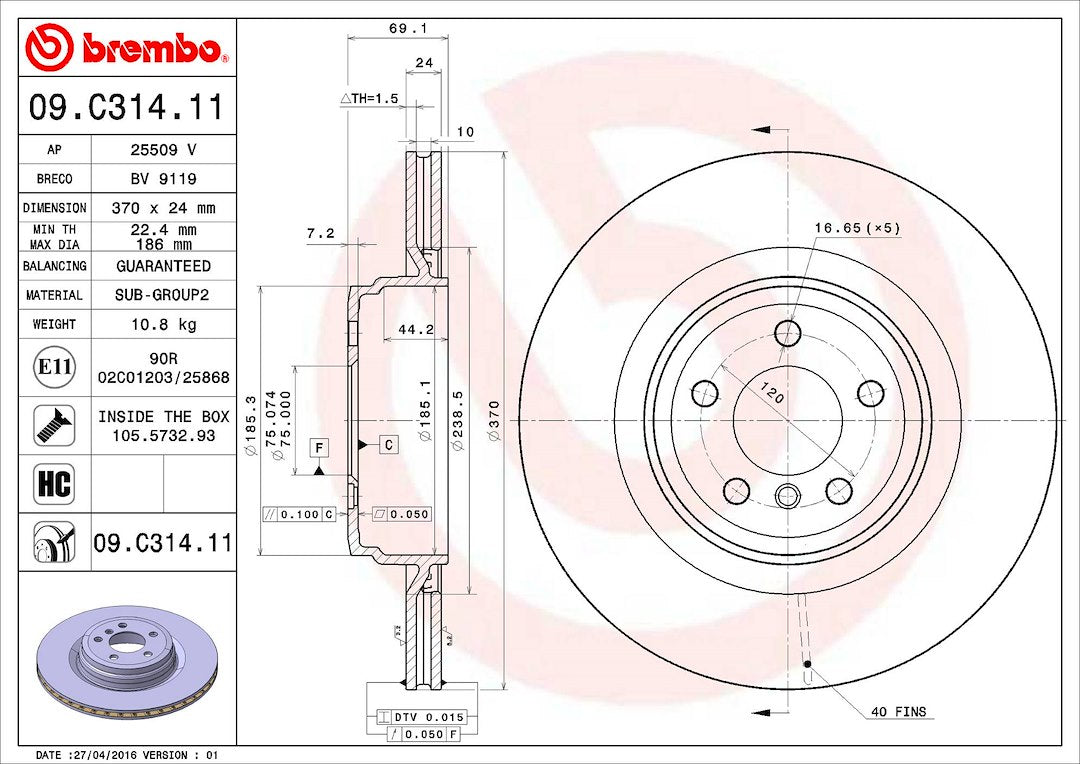 Product of Brembo 09C31411C02 Vented 1 Piece Brake Rotor 