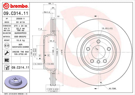 Product of Brembo 09C31411C02 Vented 1 Piece Brake Rotor 