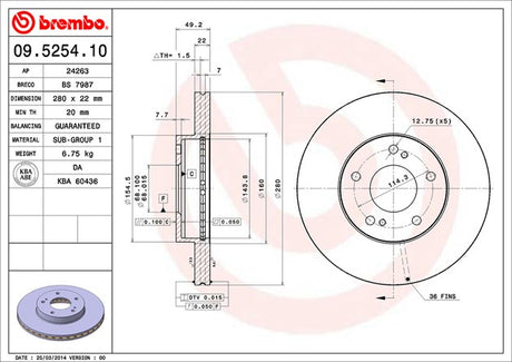Product of Brembo 09525410C02 Vented 1 Piece Brake Rotor 