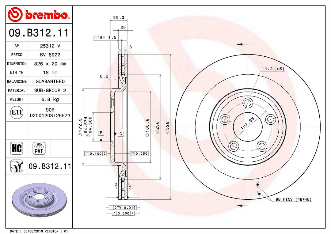 Product of Brembo 09B31211C02 Vented 1 Piece Brake Rotor 