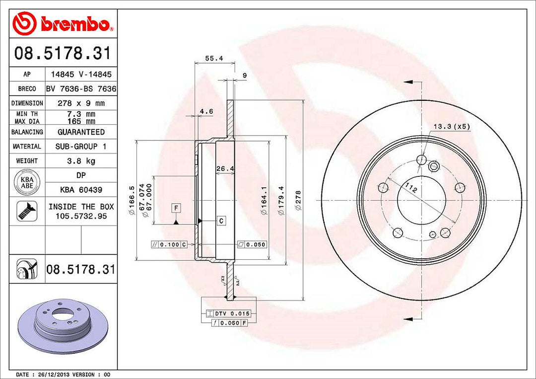 Product of Brembo 08517831C02 Solid 1 Piece Brake Rotor 