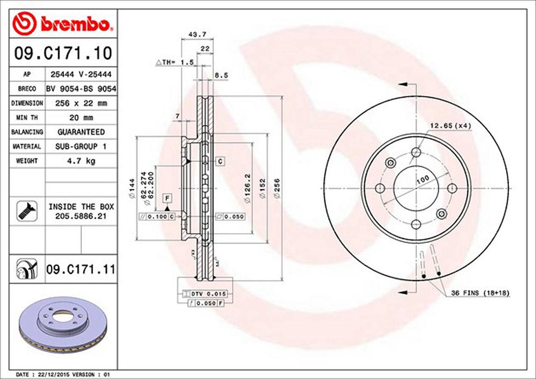 Product of Brembo 09C17111C02 Vented 1 Piece Brake Rotor 