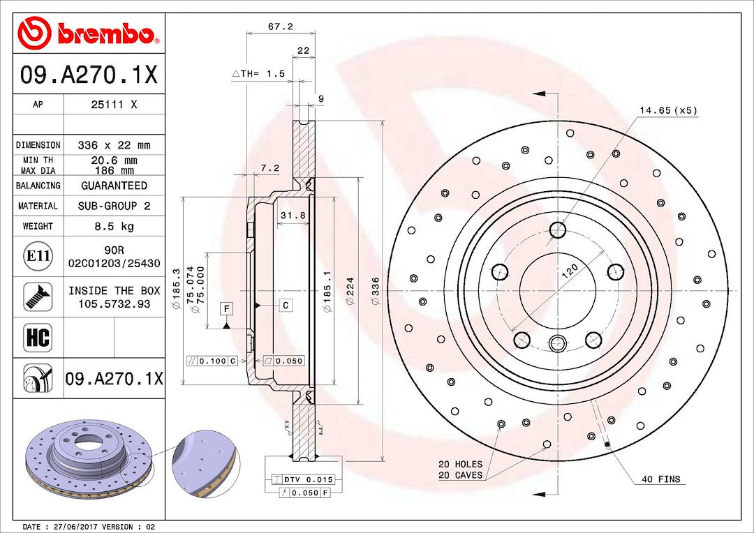 Product of Brembo 09A2701XC02 Xtra Vented Cross Drilled 1 Piece Brake Rotor 