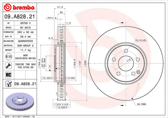 Product of Brembo 09A82821C02 Vented 1 Piece Brake Rotor 