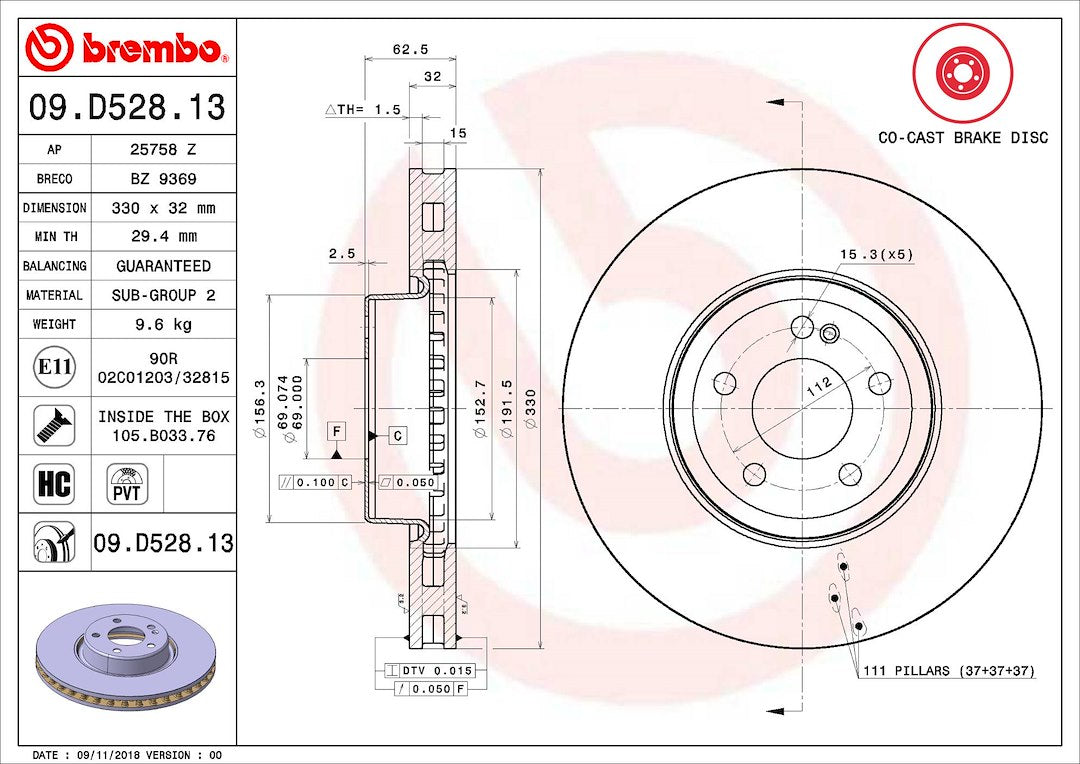 Product of Brembo 09D52813C02 Vented 1 Piece Brake Rotor 
