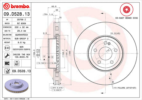 Product of Brembo 09D52813C02 Vented 1 Piece Brake Rotor 