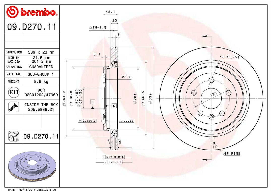 Product of Brembo 09D27011C02 Vented 1 Piece Brake Rotor 