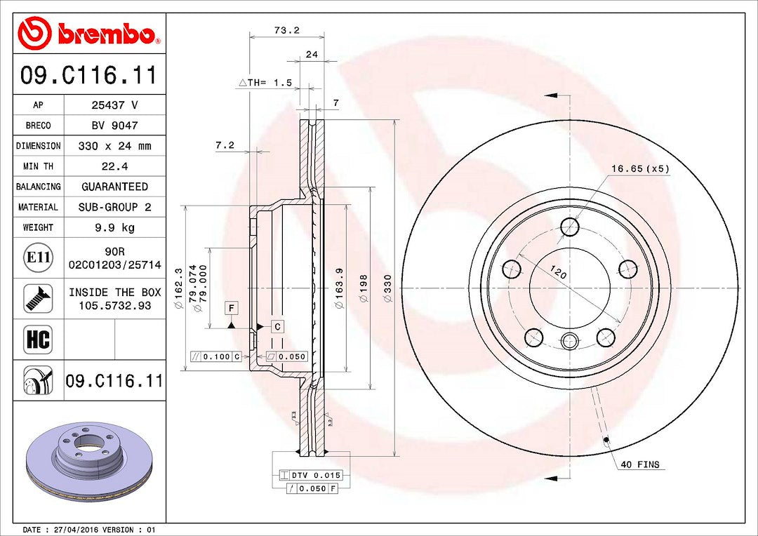 Product of Brembo 09C11611C02 Vented 1 Piece Brake Rotor 
