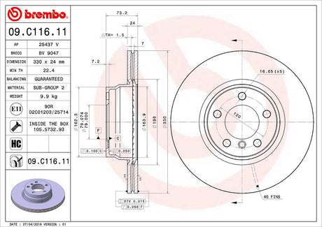 Product of Brembo 09C11611C02 Vented 1 Piece Brake Rotor 