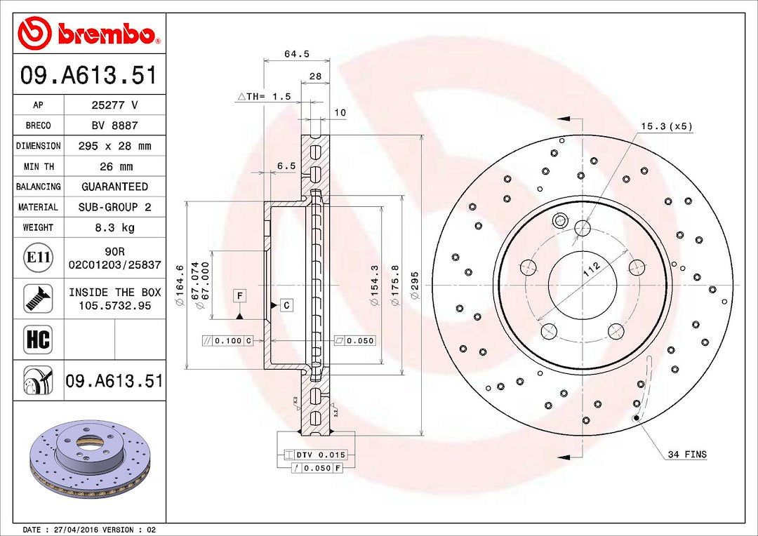 Product of Brembo 09A61351C02 Vented Cross Drilled 1 Piece Brake Rotor 