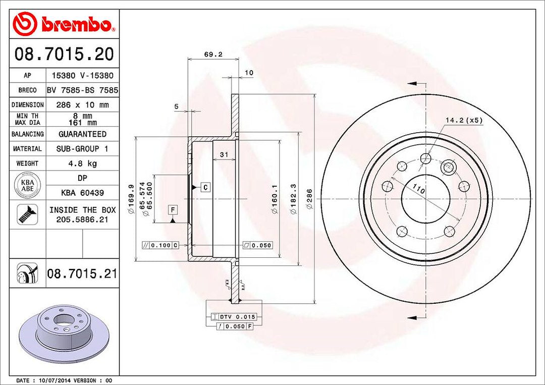 Product of Brembo 08701521C02 Solid 1 Piece Brake Rotor 