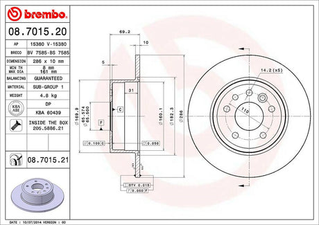 Product of Brembo 08701521C02 Solid 1 Piece Brake Rotor 