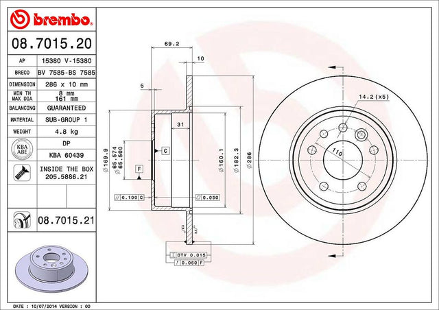 Product of Brembo 08701521C02 Solid 1 Piece Brake Rotor 