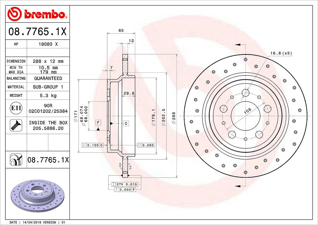 Product of Brembo 0877651XC02 Xtra Solid Cross Drilled 1 Piece Brake Rotor 