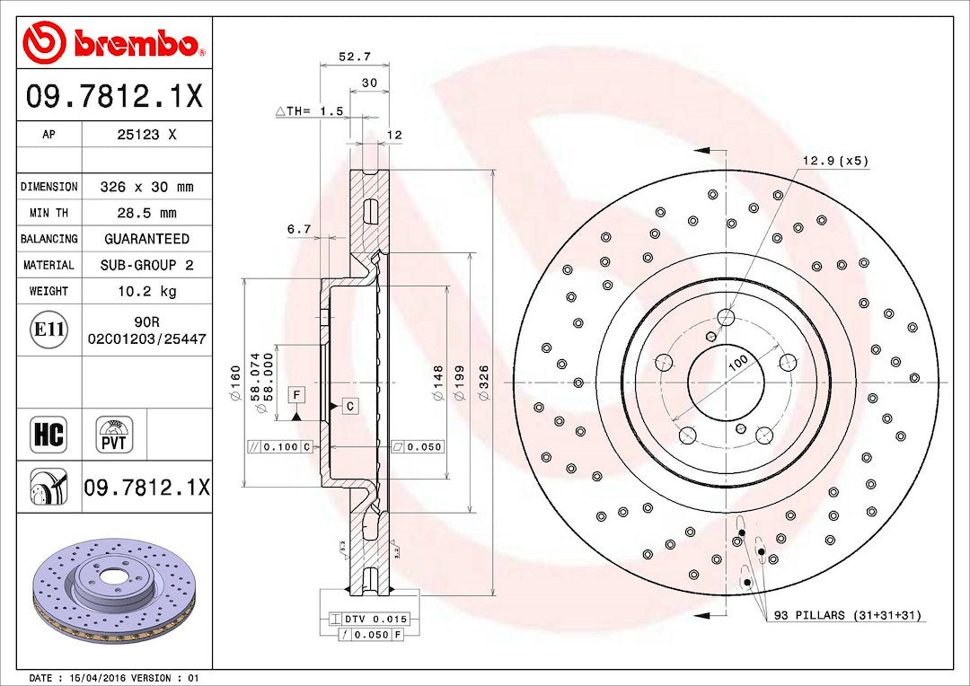 Product of Brembo 0978121XC02 Xtra Vented Cross Drilled 1 Piece Brake Rotor 