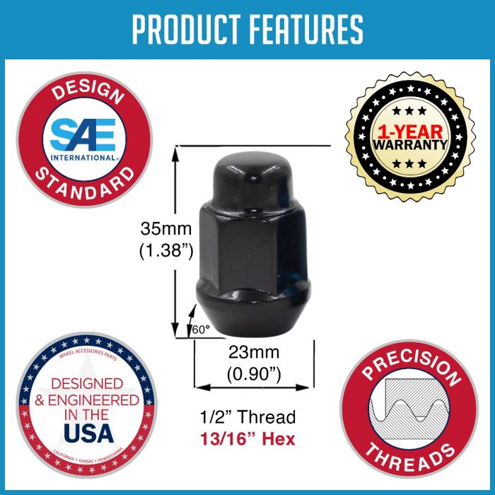 Product of Coyote Wheel Accessories 56KJ42BLK 60 Degree Conical Bulge 1/2x20 Lug Nut 