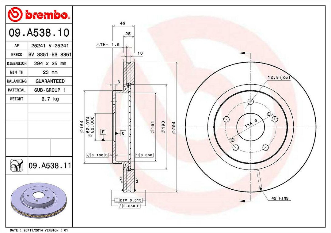 Product of Brembo 09A53811C02 Vented 1 Piece Brake Rotor 