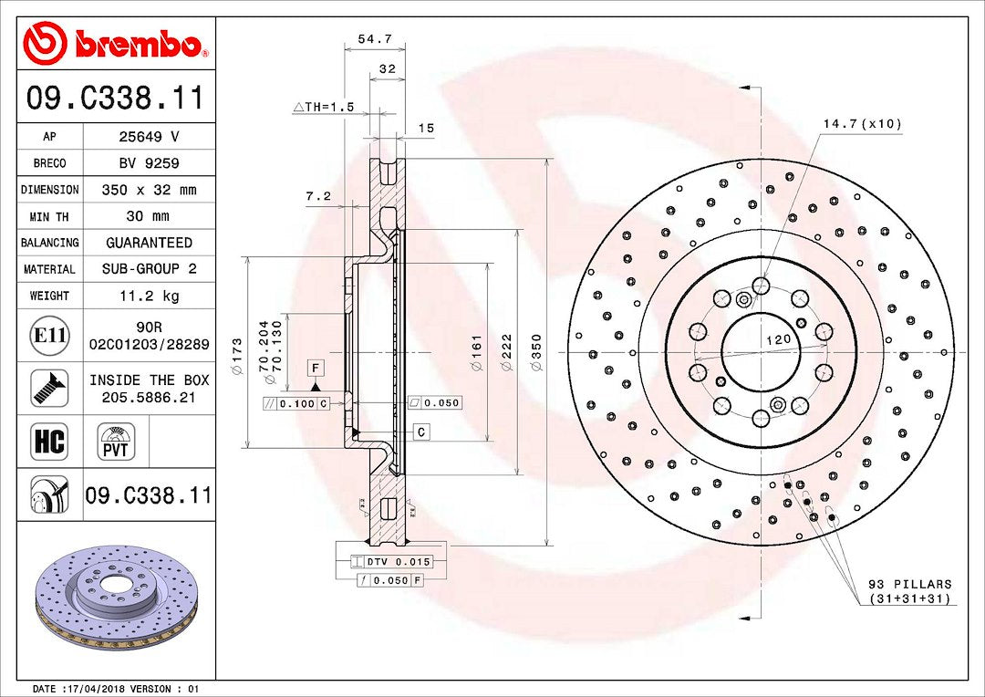 Product of Brembo 09C33811C02 Vented Cross Drilled 1 Piece Brake Rotor 