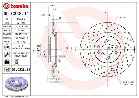Product of Brembo 09C33811C02 Vented Cross Drilled 1 Piece Brake Rotor 
