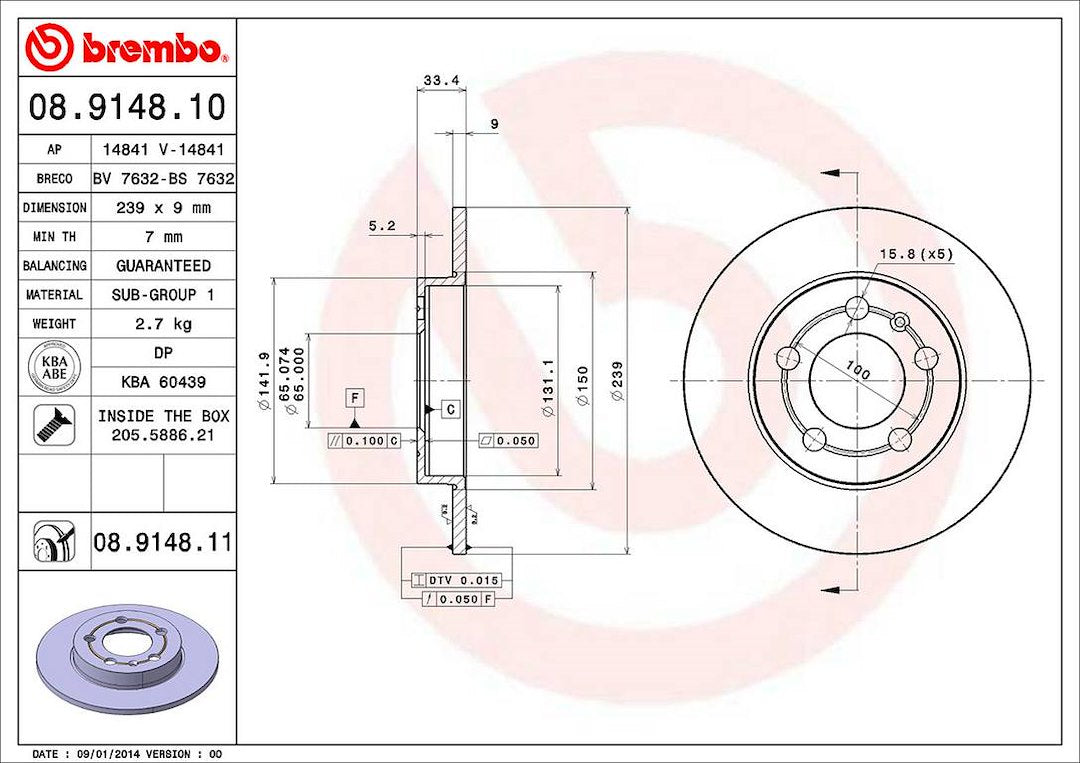 Product of Brembo 08914811C02 Solid 1 Piece Brake Rotor 