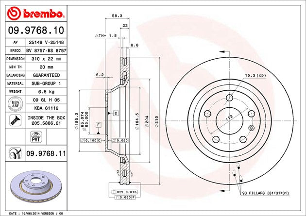 Product of Brembo 09976811C02 Vented 1 Piece Brake Rotor 
