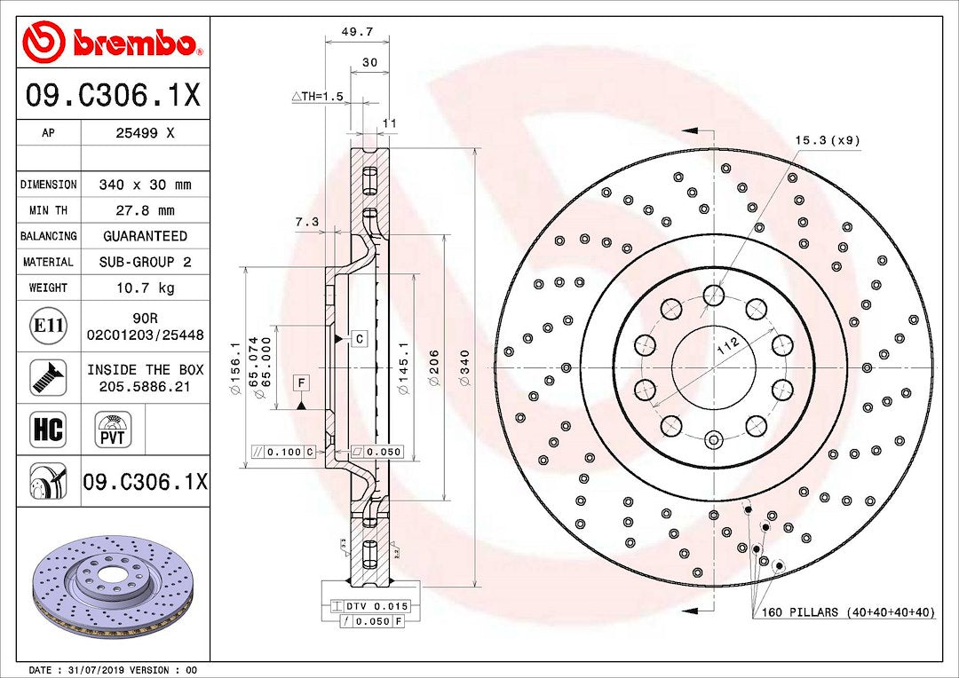 Product of Brembo 09C3061XC02 Xtra Vented Cross Drilled 1 Piece Brake Rotor 