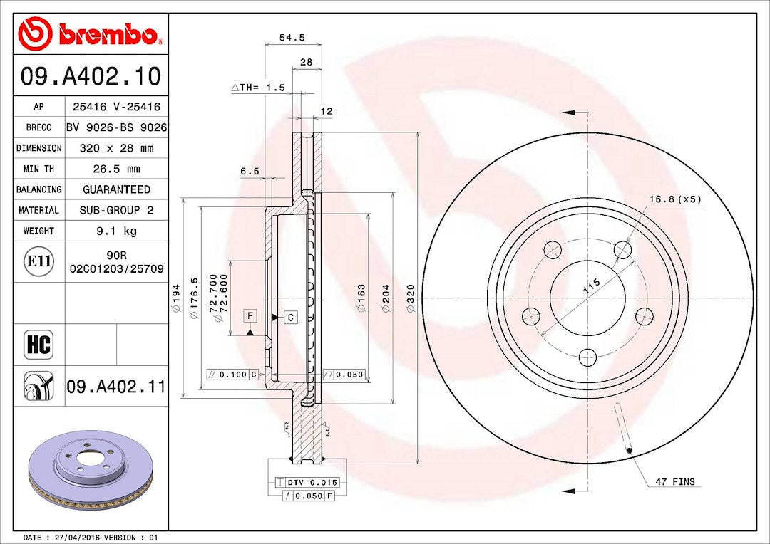 Product of Brembo 09A40211C02 Vented 1 Piece Brake Rotor 