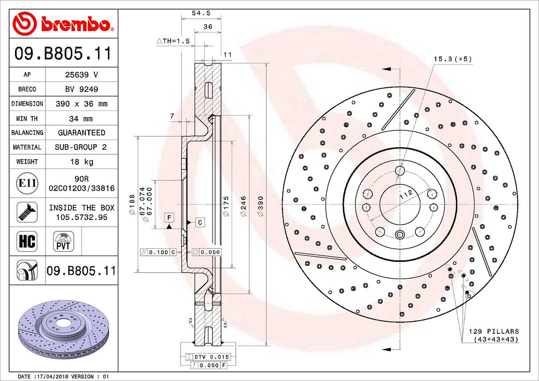 Product of Brembo 09B80511C02 Vented Cross Drilled 1 Piece Brake Rotor 