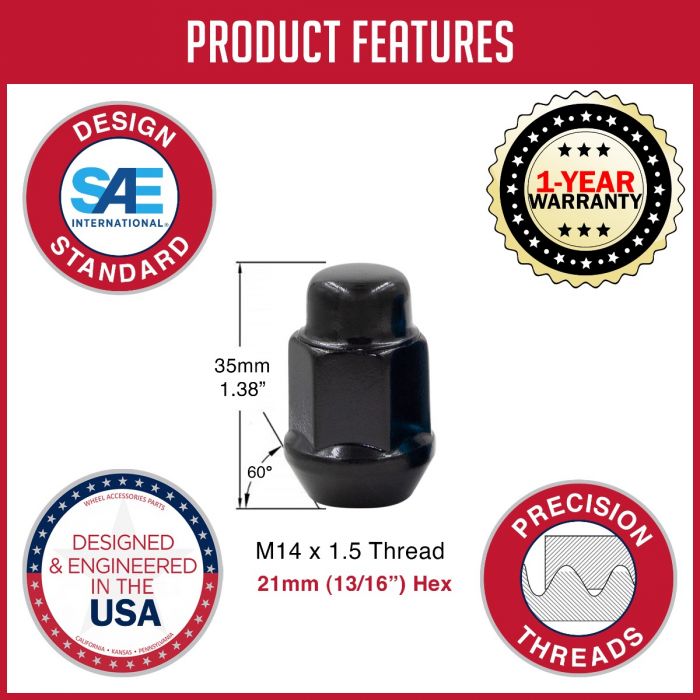 Product of Coyote Wheel Accessories 56K548BLK 60 Degree Conical Bulge 14x1.5 Lug Nut 