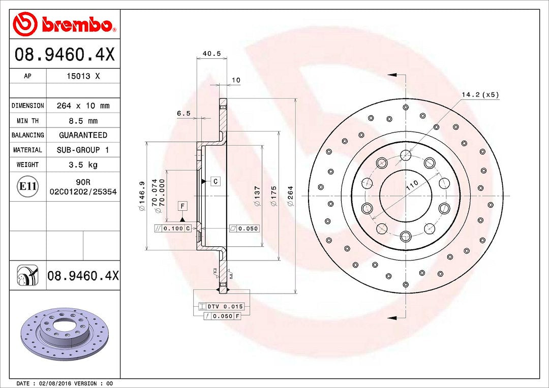Product of Brembo 0894604XC02 Xtra Solid Cross Drilled 1 Piece Brake Rotor 