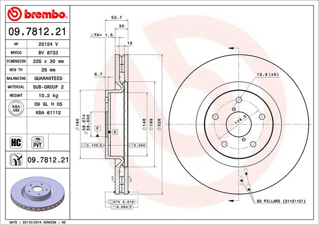 Product of Brembo 09781221C02 Vented 1 Piece Brake Rotor 