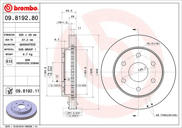 Product of Brembo 09819281C02 Vented 1 Piece Brake Rotor 