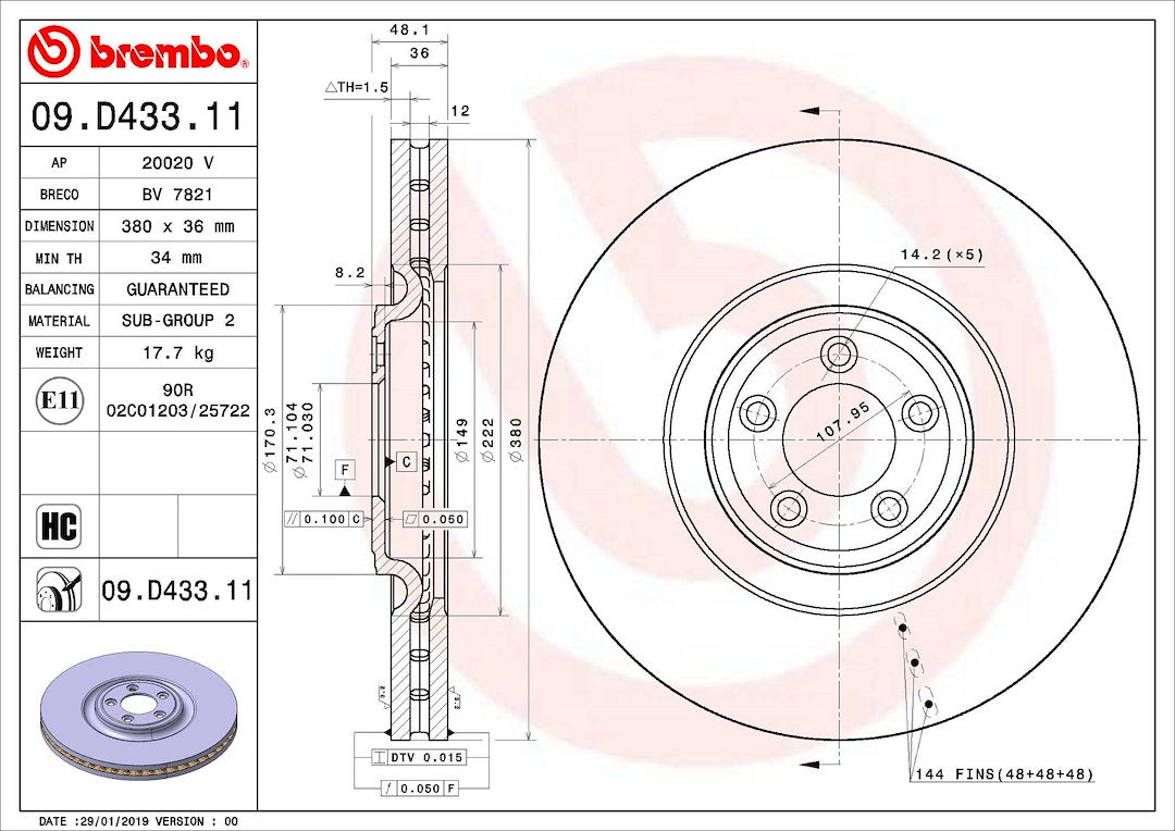 Product of Brembo 09D43311C02 Vented 1 Piece Brake Rotor 
