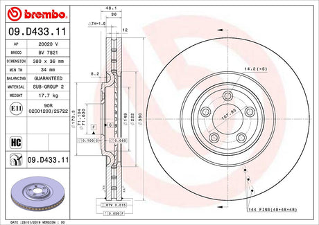 Product of Brembo 09D43311C02 Vented 1 Piece Brake Rotor 