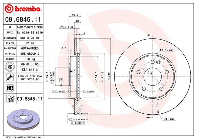 Product of Brembo 09684511C02 Vented 1 Piece Brake Rotor 