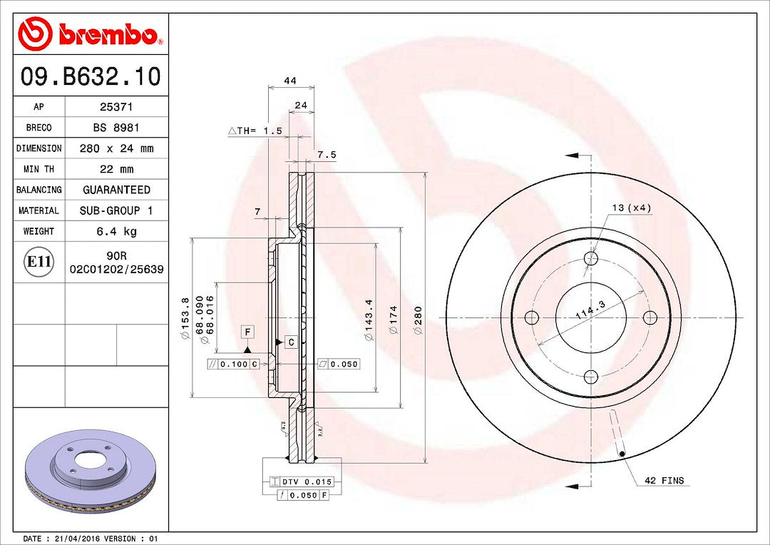 Product of Brembo 09B63210C02 Vented 1 Piece Brake Rotor 