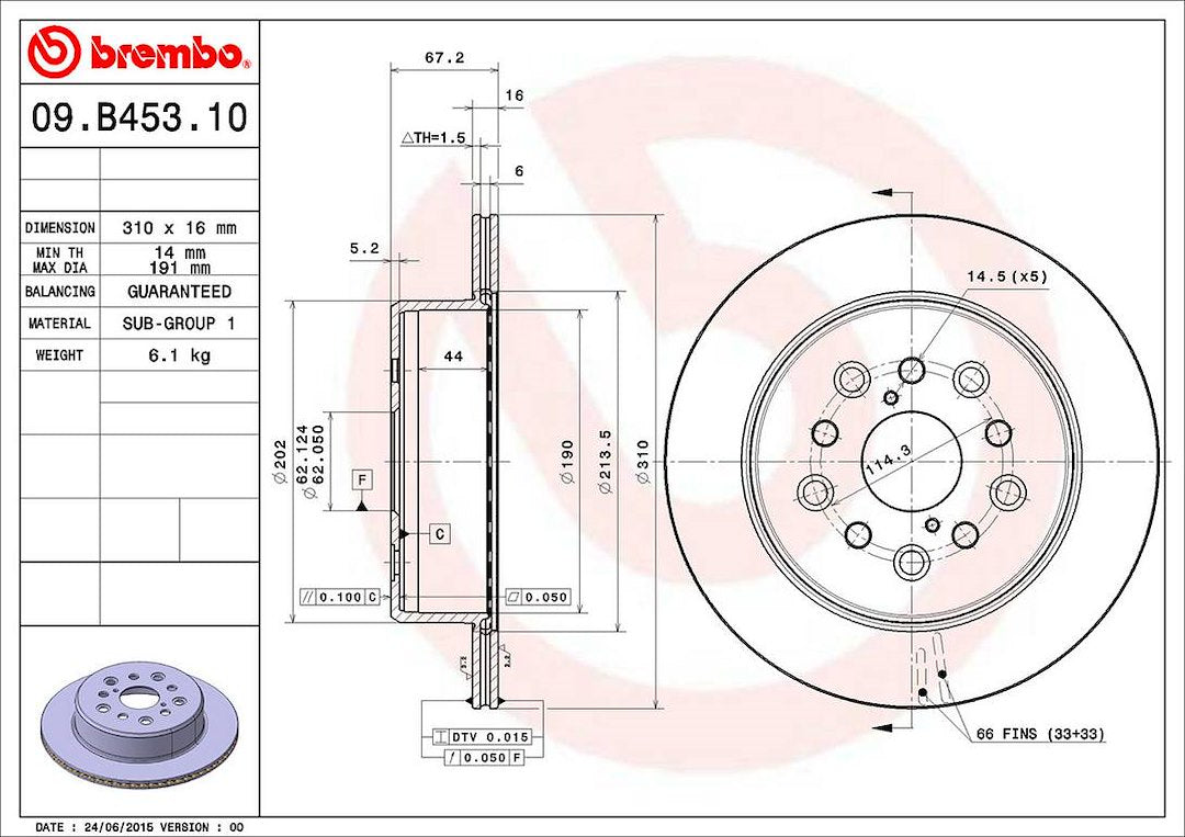 Product of Brembo 09B45310C02 Vented 1 Piece Brake Rotor 