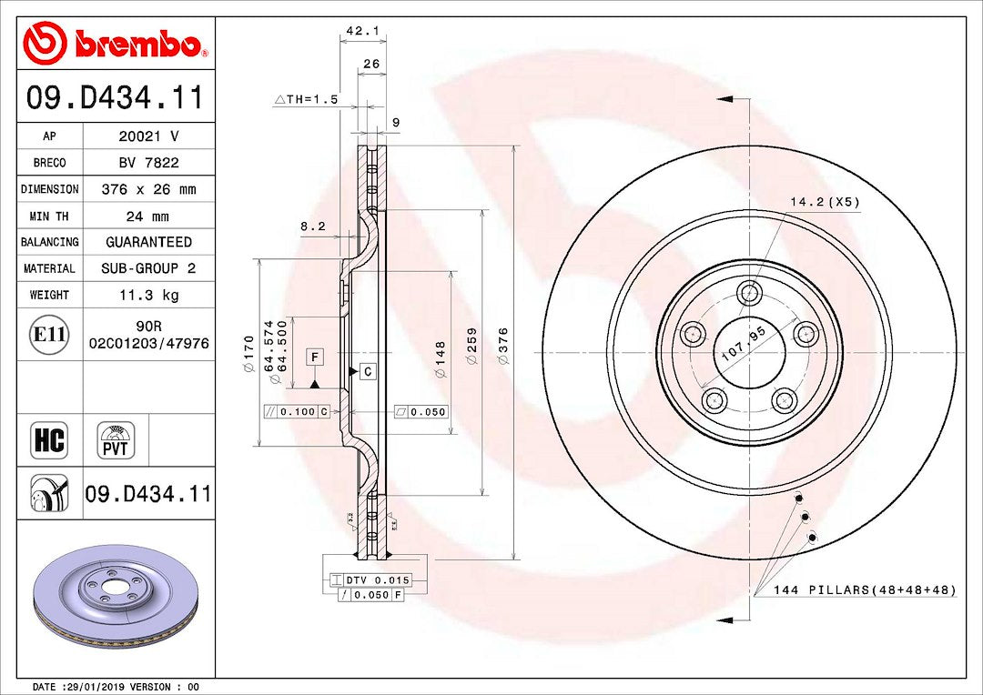 Product of Brembo 09D43411C02 Vented 1 Piece Brake Rotor 